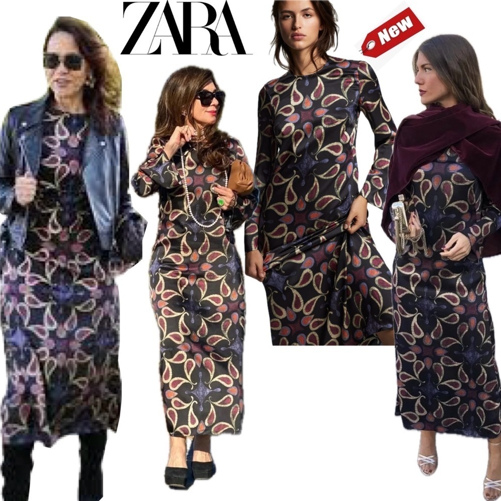 Zara multicoloured Paisley print long sleeve midi dress Sz S NWT